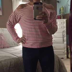 BCBGMaxAria Eznei cold shoulder red stripe top